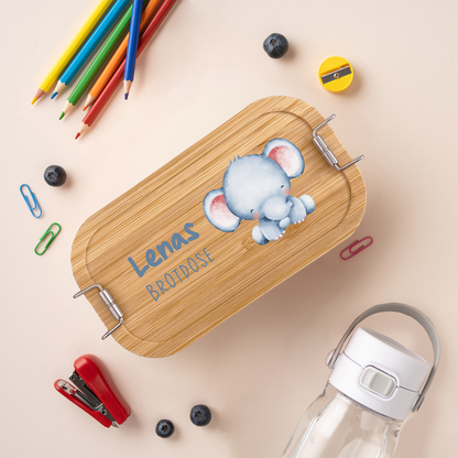 Brotdose | Edelstahl mit Bambusdeckel | 700 ml | Tierkinder Elefant