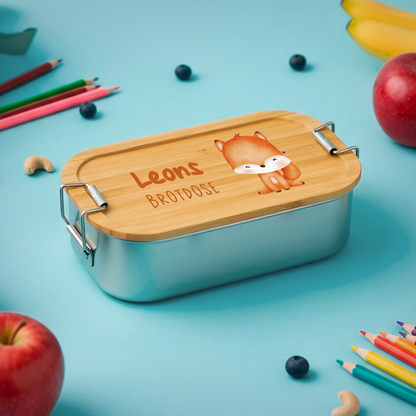 Brotdose | Edelstahl mit Bambusdeckel | 700 ml | Tierkinder Fuchs