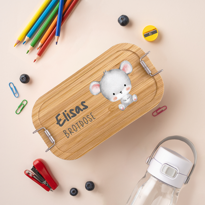 Brotdose | Edelstahl mit Bambusdeckel | 700 ml | Tierkinder Maus
