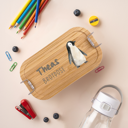 Brotdose | Edelstahl mit Bambusdeckel | 700 ml | Tierparty Pinguin