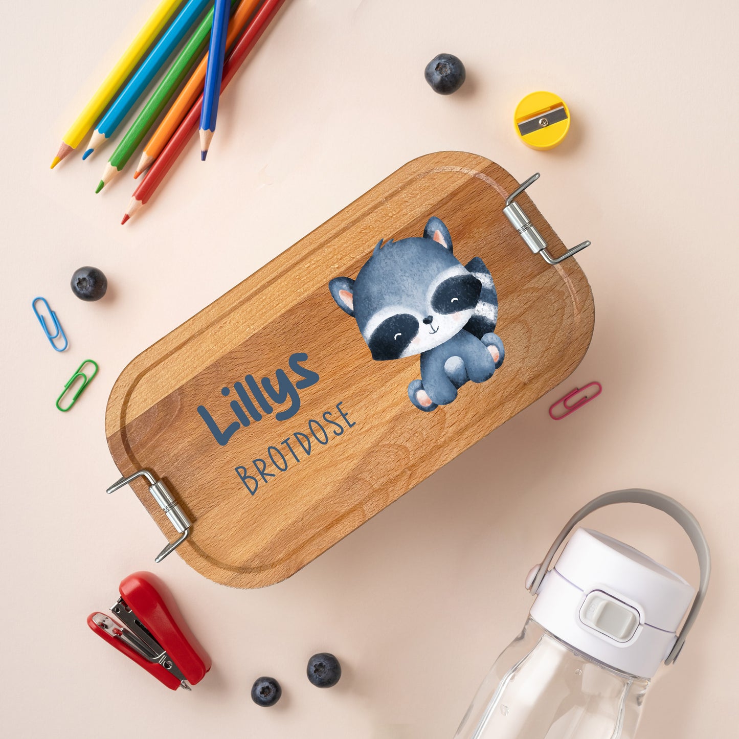 Brotdose | Edelstahl mit Bambus- oder Buchedeckel | 700 ml | Tierkinder Waschbär