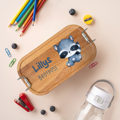 Brotdose | Edelstahl mit Bambus- oder Buchedeckel | 700 ml | Tierkinder Waschbär