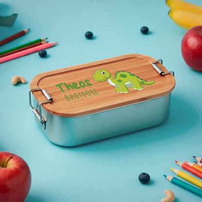 Brotdose | Edelstahl mit Bambus- oder Buchedeckel | 700 ml | Dino Brachiosaurus