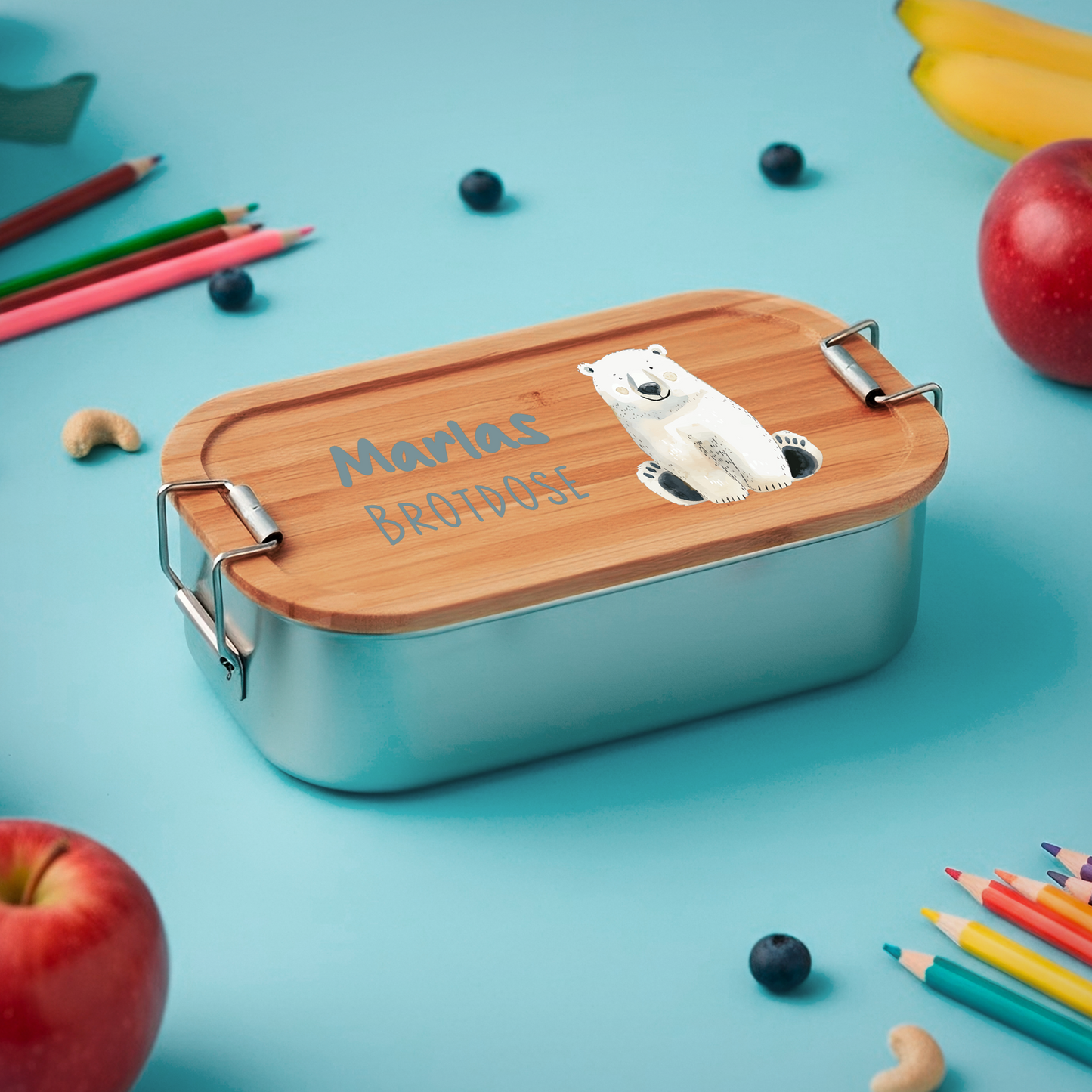 Brotdose | Edelstahl mit Bambus- oder Buchedeckel | 700 ml | Tierparty Eisbär