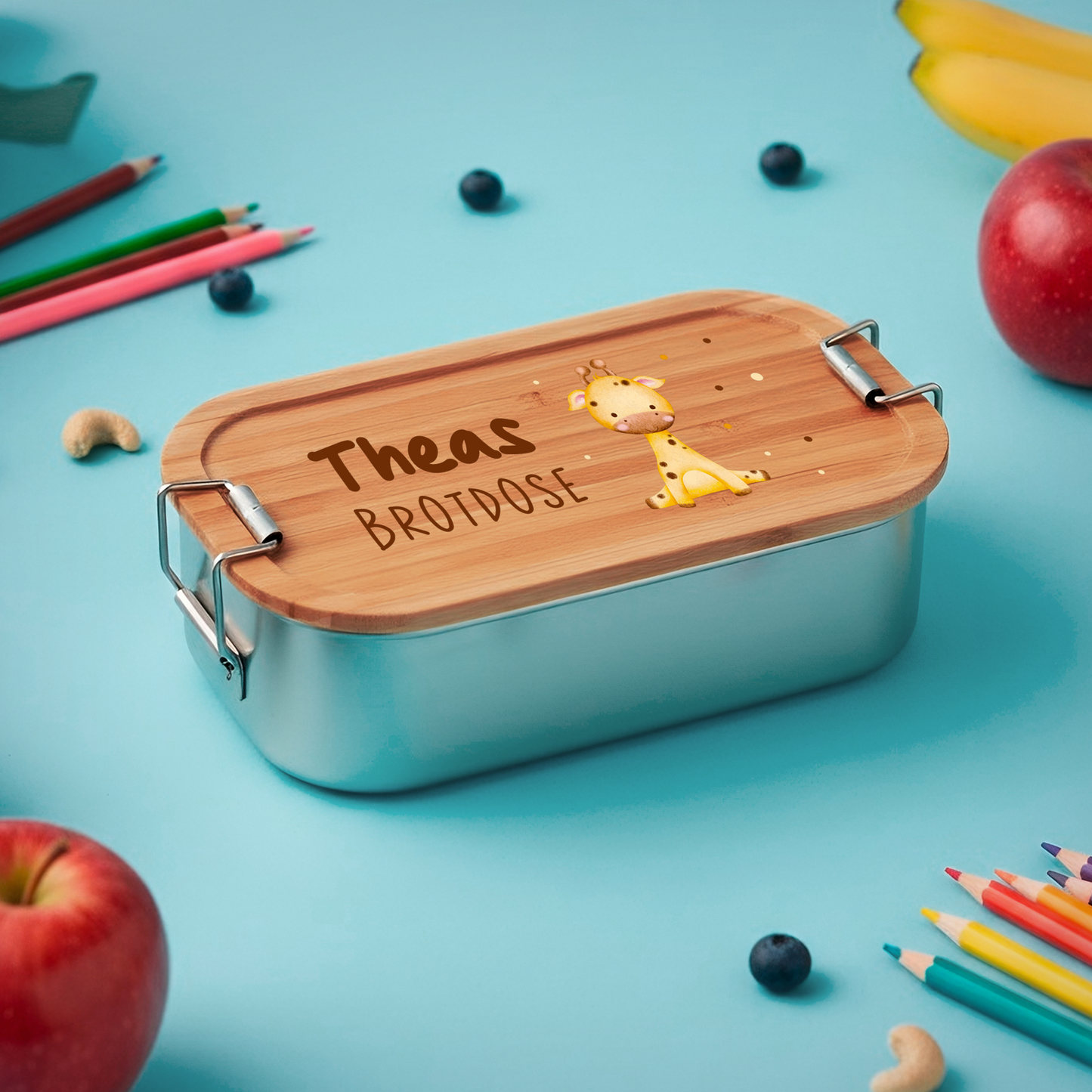 Brotdose | Edelstahl mit Bambus- oder Buchedeckel | 700 ml | Tierkinder Giraffe