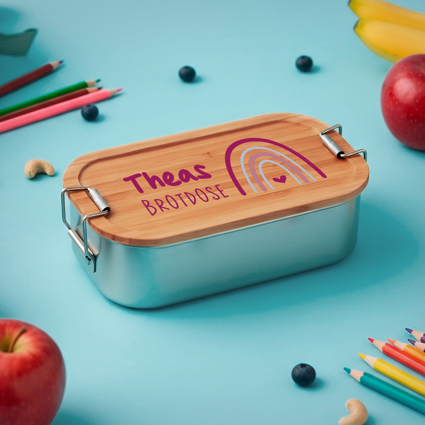 Brotdose | Edelstahl mit Bambus- oder Buchedeckel | 700 ml | Regenbogen Lila Herz