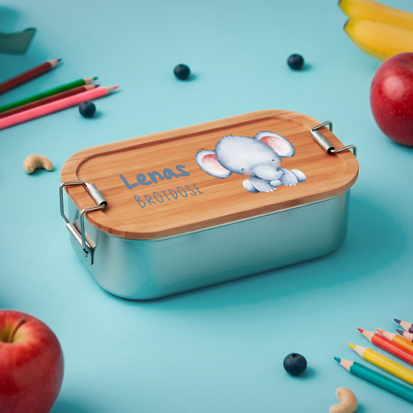 Brotdose | Edelstahl mit Bambus- oder Buchedeckel | 700 ml | Tierkinder Elefant