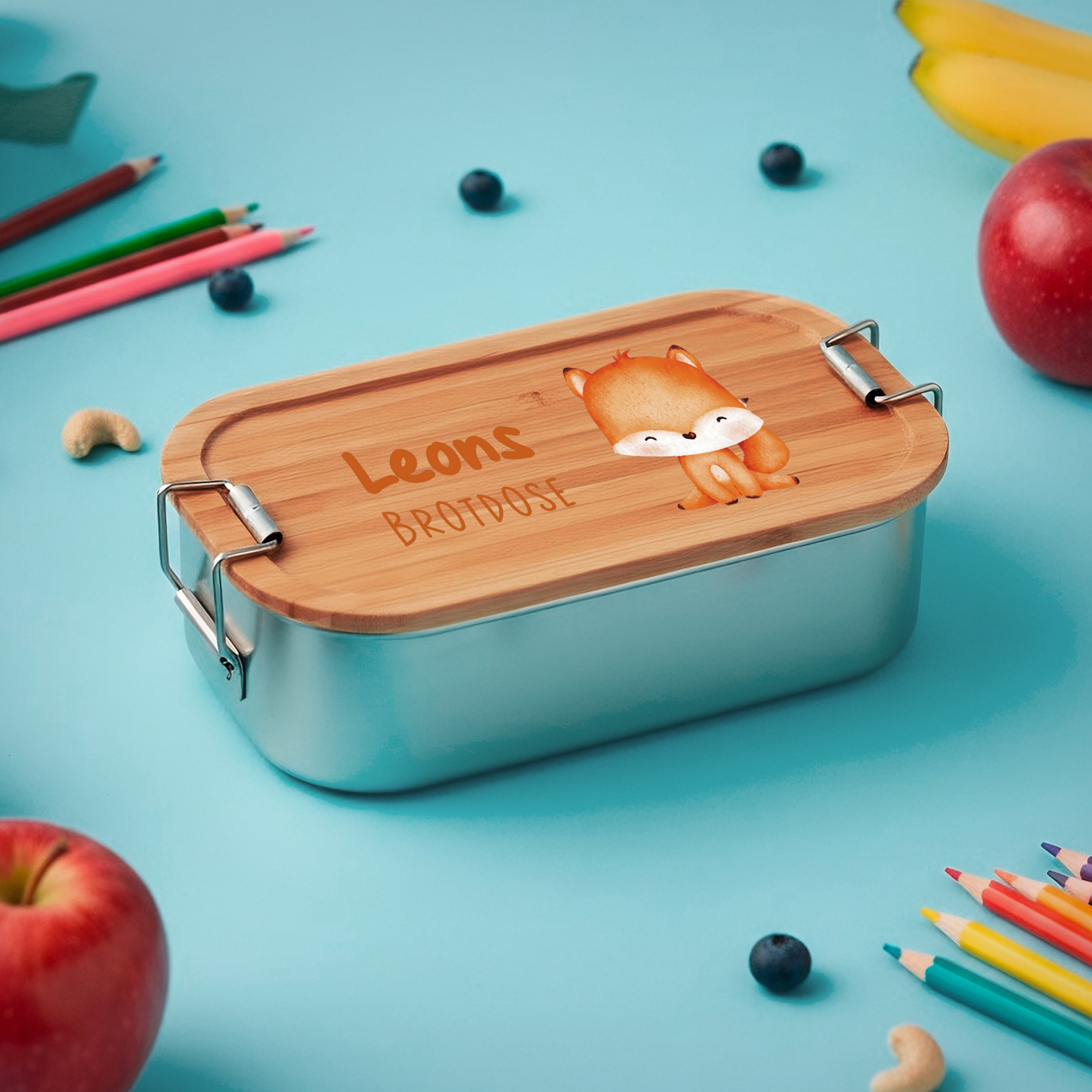 Brotdose | Edelstahl mit Bambus- oder Buchedeckel | 700 ml | Tierkinder Fuchs