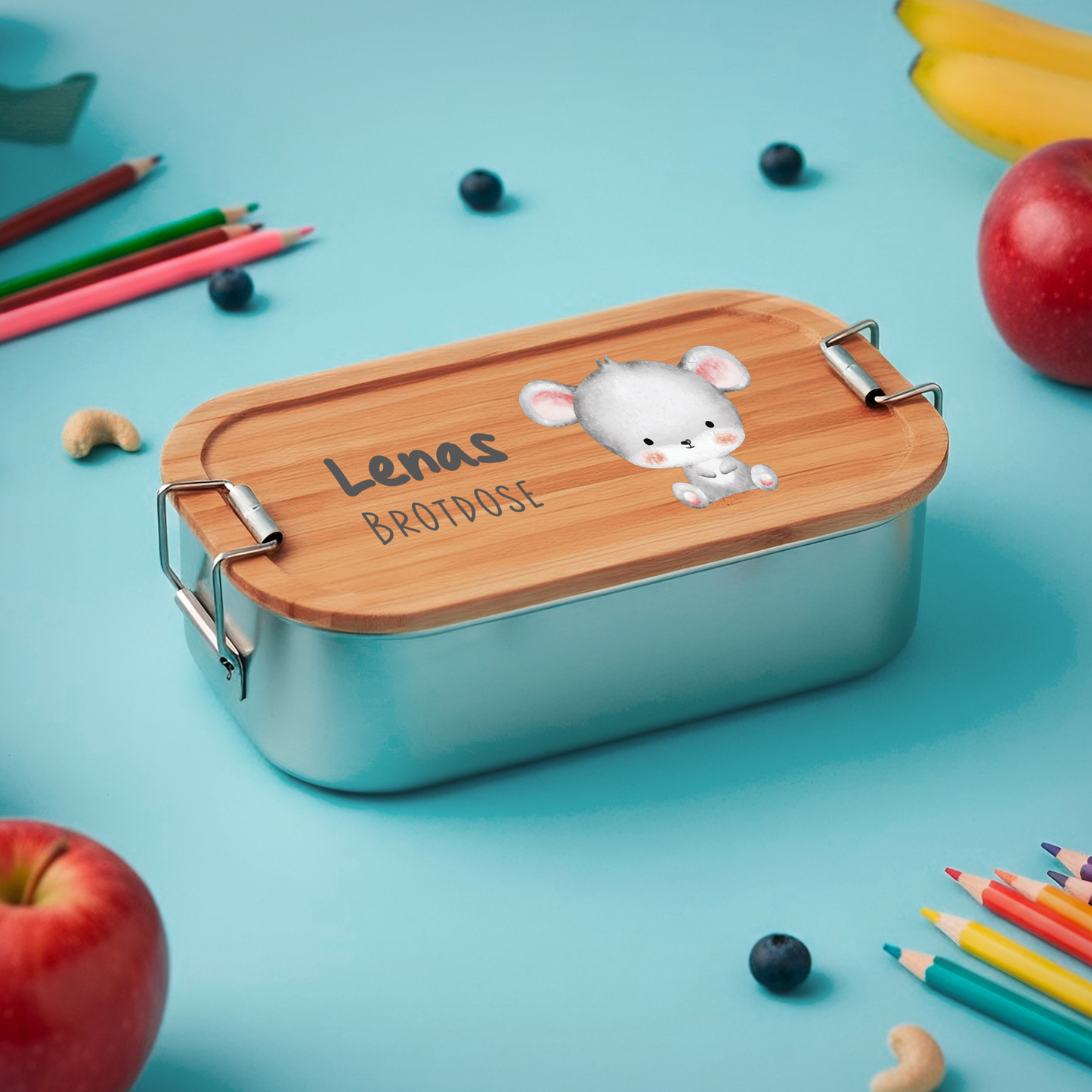 Brotdose | Edelstahl mit Bambus- oder Buchedeckel | 700 ml | Tierkinder Maus