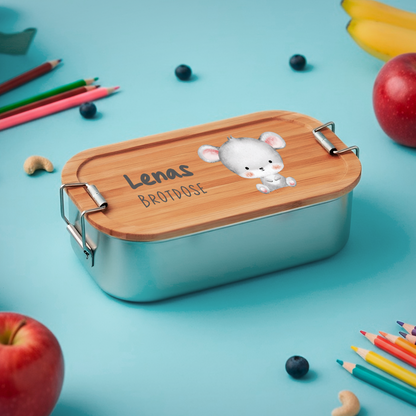 Brotdose | Edelstahl mit Bambus- oder Buchedeckel | 700 ml | Tierkinder Maus