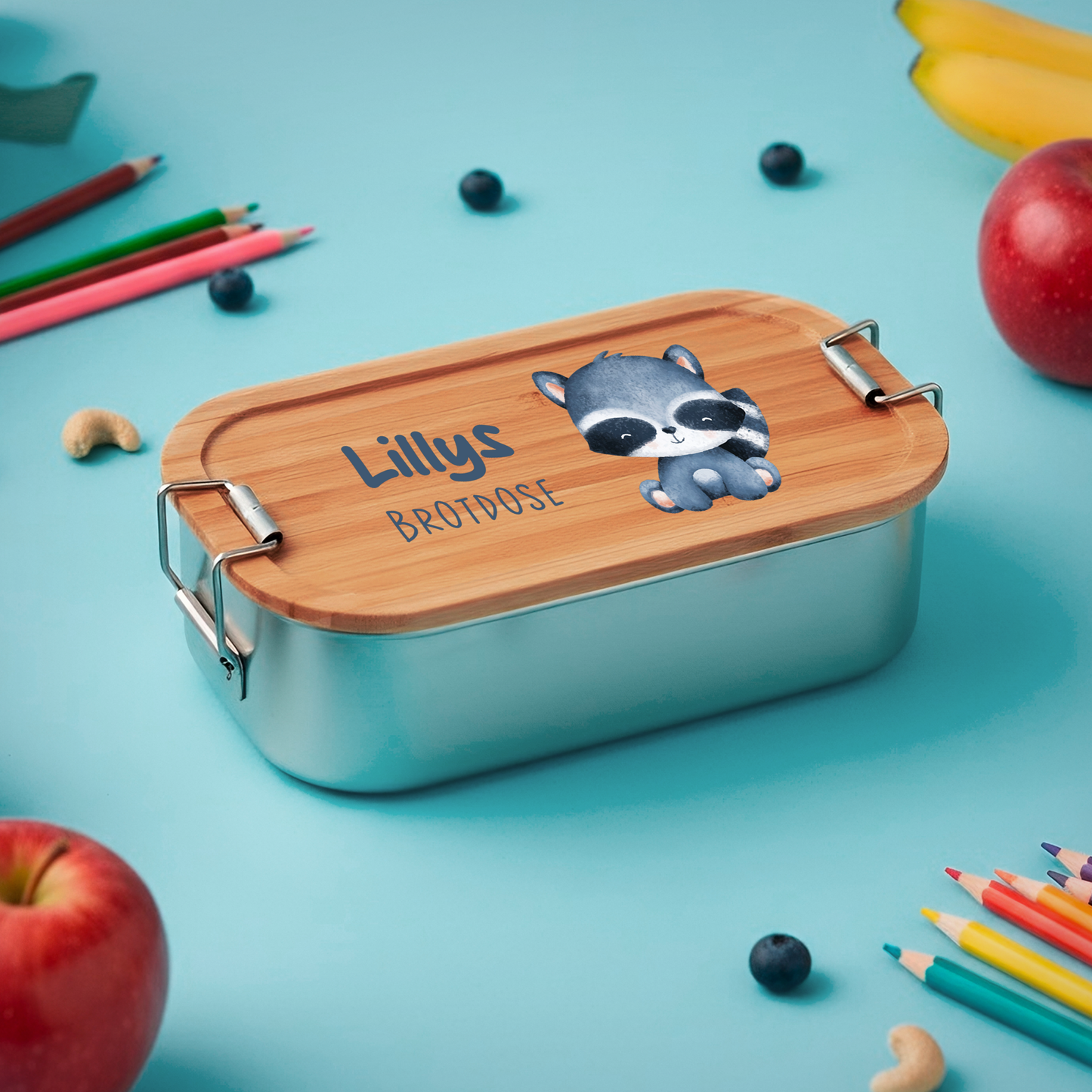 Brotdose | Edelstahl mit Bambus- oder Buchedeckel | 700 ml | Tierkinder Waschbär