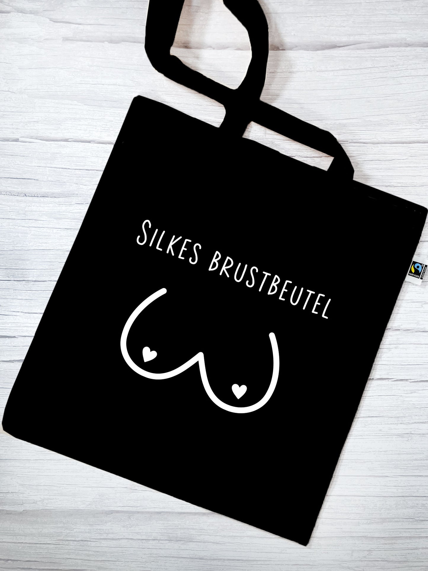 Brustbeutel | Stofftasche personalisiert mit Brust-Motiv und Name | weißer Druck | Tasche schwarz aus Bio- Baumwolle | Geschenk mit Humor - verschenkich.de