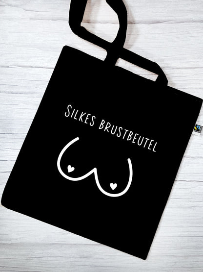 Brustbeutel | Stofftasche personalisiert mit Brust-Motiv und Name | weißer Druck | Tasche schwarz aus Bio- Baumwolle | Geschenk mit Humor - verschenkich.de
