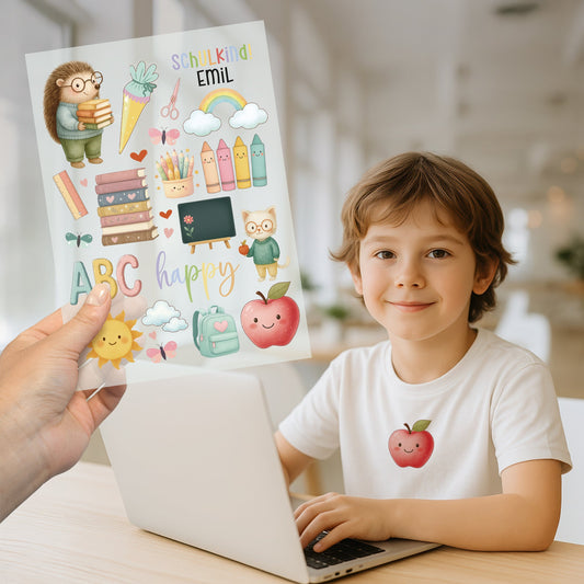 Kind mit Laptop, trägt weißes Shirt mit rotem Apfelmotiv; daneben eine Hand mit dem Bügelbilder-Bogen.
