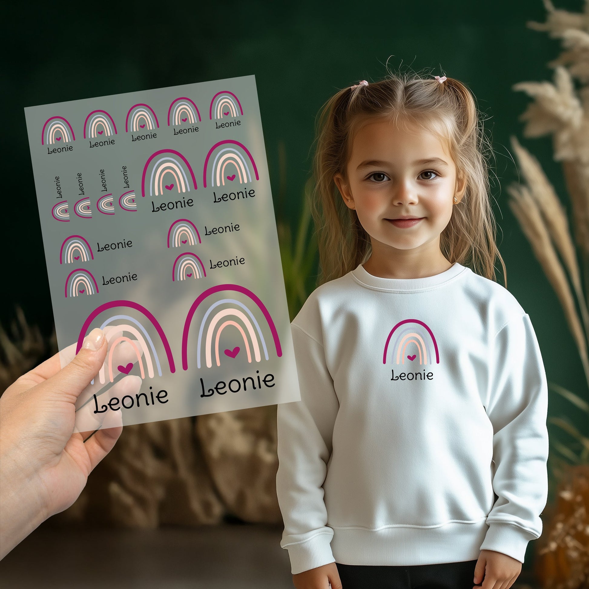 Kind trägt weißen Pullover mit aufgebügeltem Regenbogen-Motiv und personalisiertem Namen „Leonie“, Bügelbild-Bogen wird im Vordergrund gezeigt