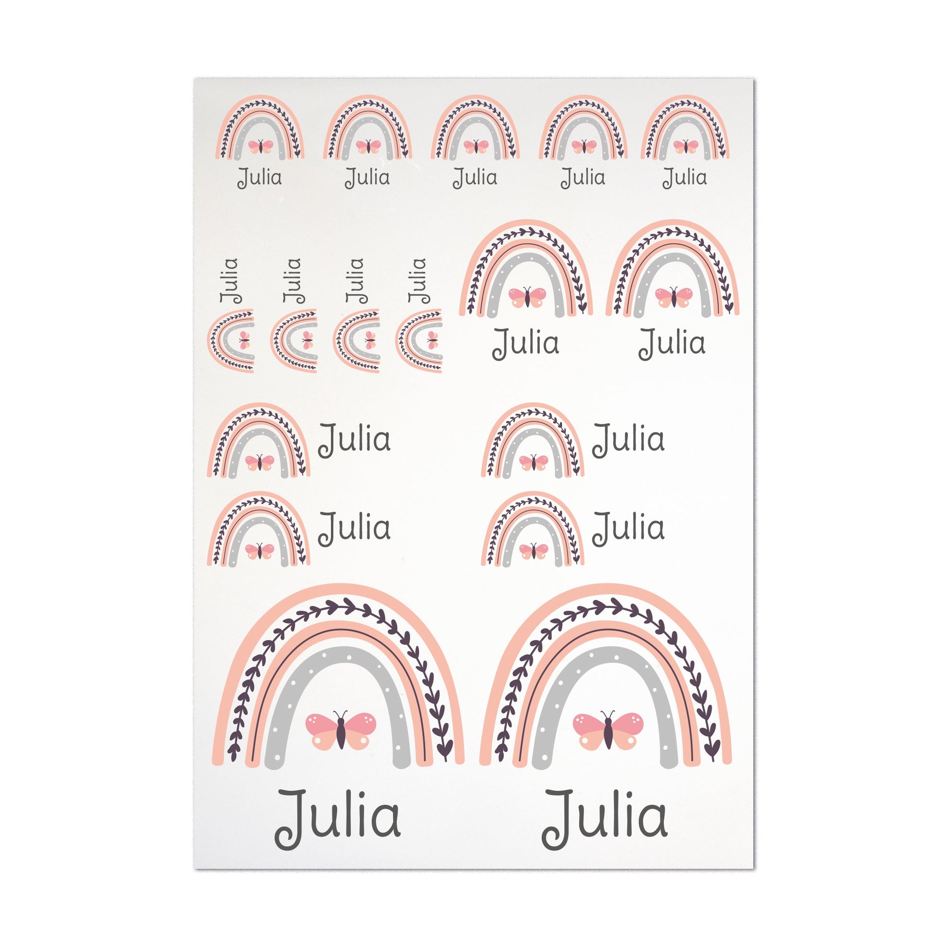 Bügelbild-Bogen mit rosa Regenbogen und Schmetterling: 17 Motive in unterschiedlichen Größen, kombiniert mit dem Namen „Julia“