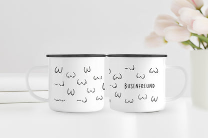 Busenfreund 1.0 | Emaillebecher | Emaille Tasse | Rand schwarz oder silber | Geschenk als Aufmerksamkeit für Mäner | Hingucker mit Humor - verschenkich.de