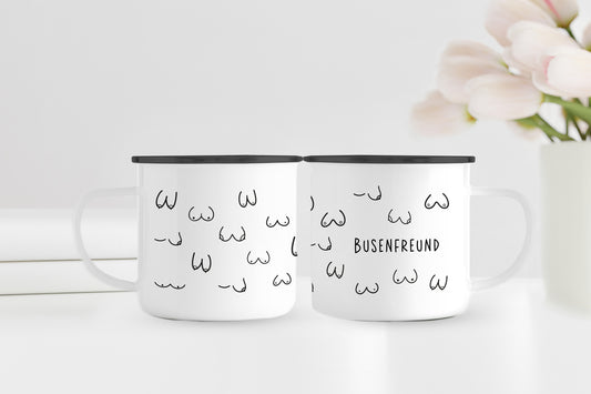 Busenfreund 1.0 | Emaillebecher | Emaille Tasse | Rand schwarz oder silber | Geschenk als Aufmerksamkeit für Mäner | Hingucker mit Humor - verschenkich.de