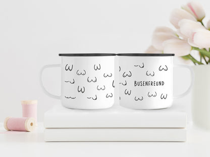 Busenfreund 1.0 | Emaillebecher | Emaille Tasse | Rand schwarz oder silber | Geschenk als Aufmerksamkeit für Mäner | Hingucker mit Humor - verschenkich.de