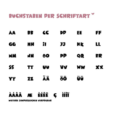 Darstellung der Schriftart für die Namenspersonalisierung mit allen Buchstaben, Umlauten und Sonderzeichen auf weißem Hintergrund