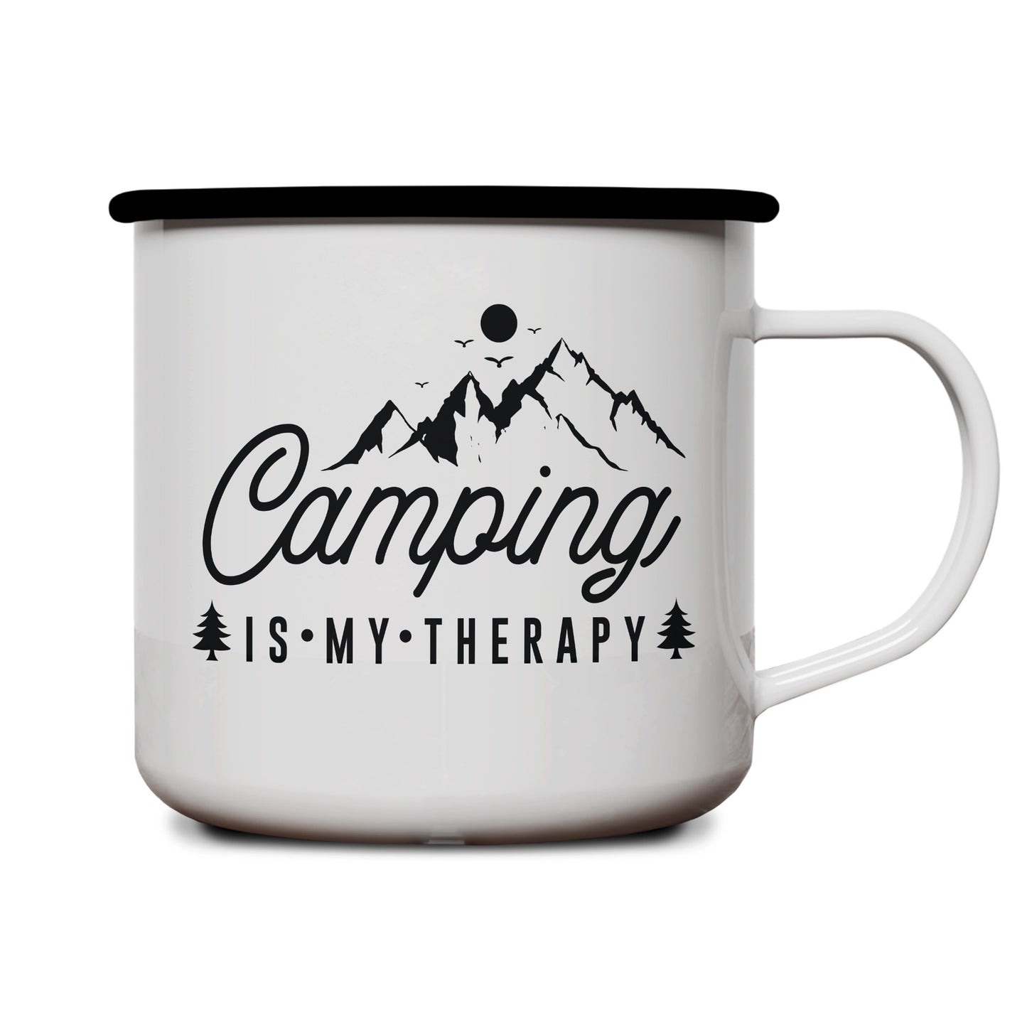 Emaille Tasse | Camping is my Therapy | Schwarz
