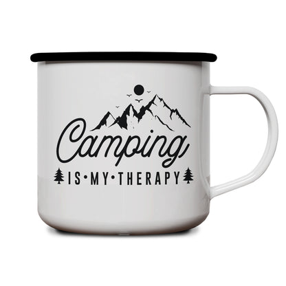 Emaille Tasse | Camping is my Therapy | Schwarz