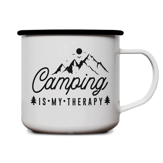 Emaille Tasse | Camping is my Therapy | Schwarz