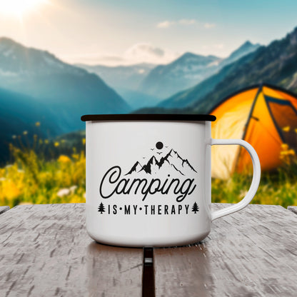 Emaille Tasse | Camping is my Therapy | Schwarz