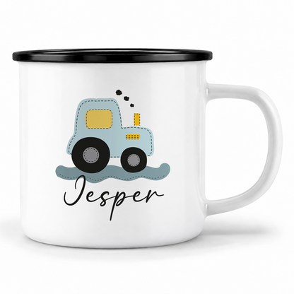 Emaille Tasse mit Namen | Traktor blau
