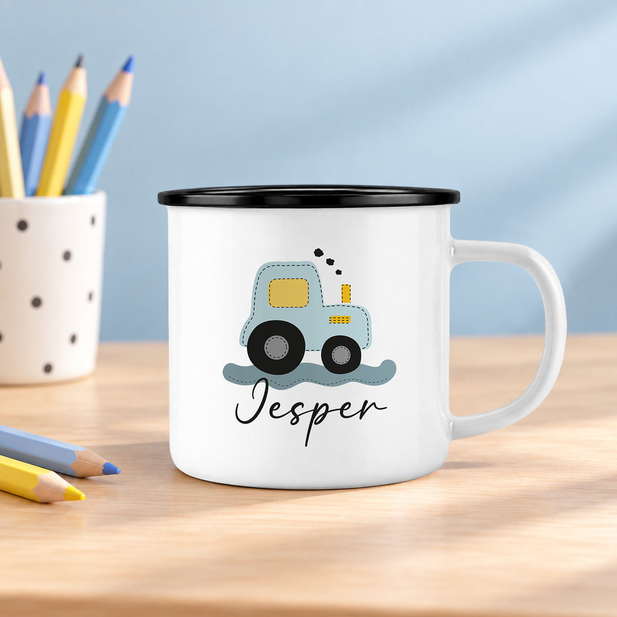 Emaille Tasse mit Namen | Traktor blau