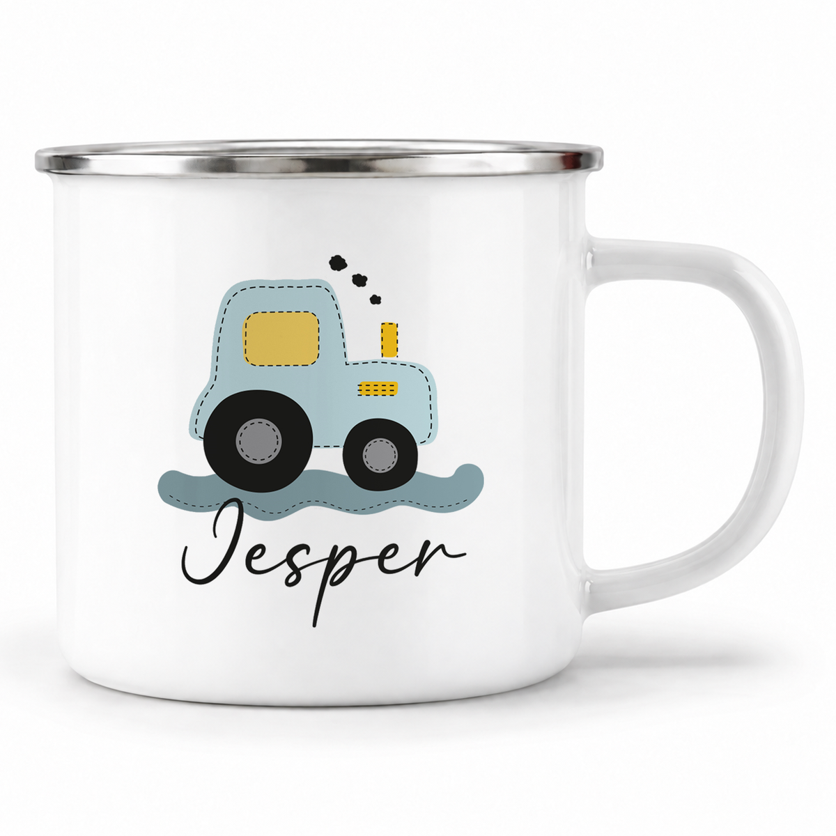 Emaille Tasse mit Namen | Traktor blau