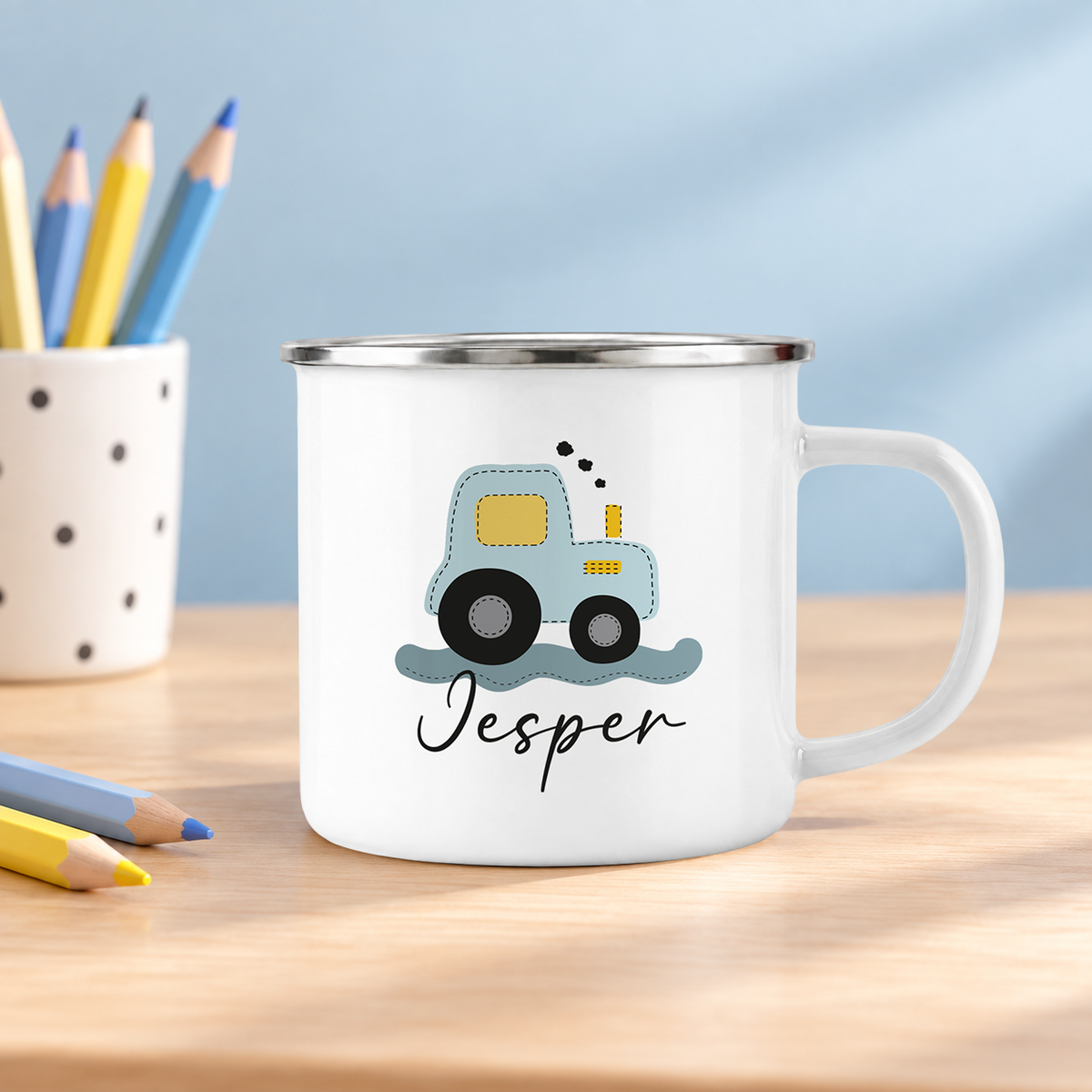 Emaille Tasse mit Namen | Traktor blau