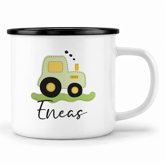 Emaille Tasse mit Namen | Traktor grün
