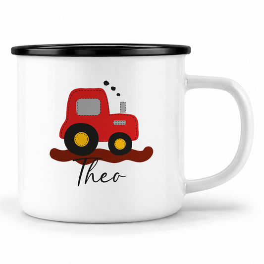 Emaille Tasse mit Namen | Traktor rot