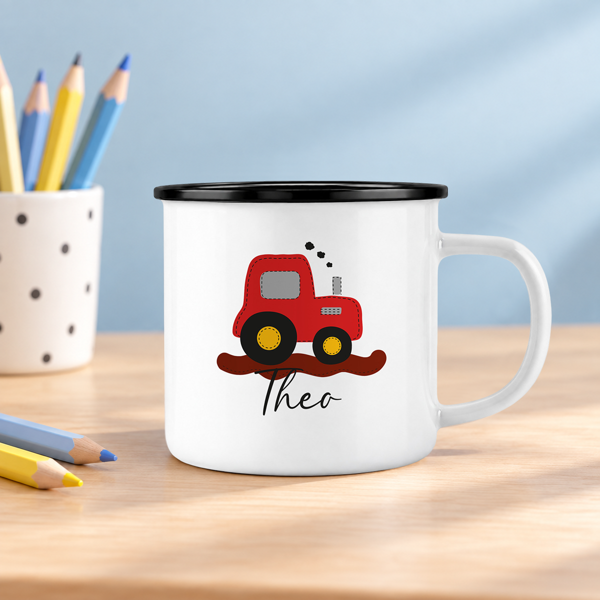 Emaille Tasse mit Namen | Traktor rot