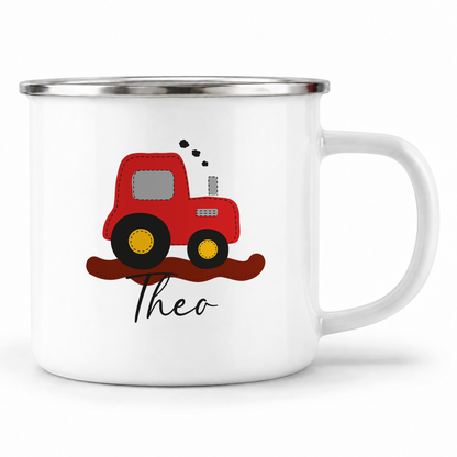 Emaille Tasse mit Namen | Traktor rot