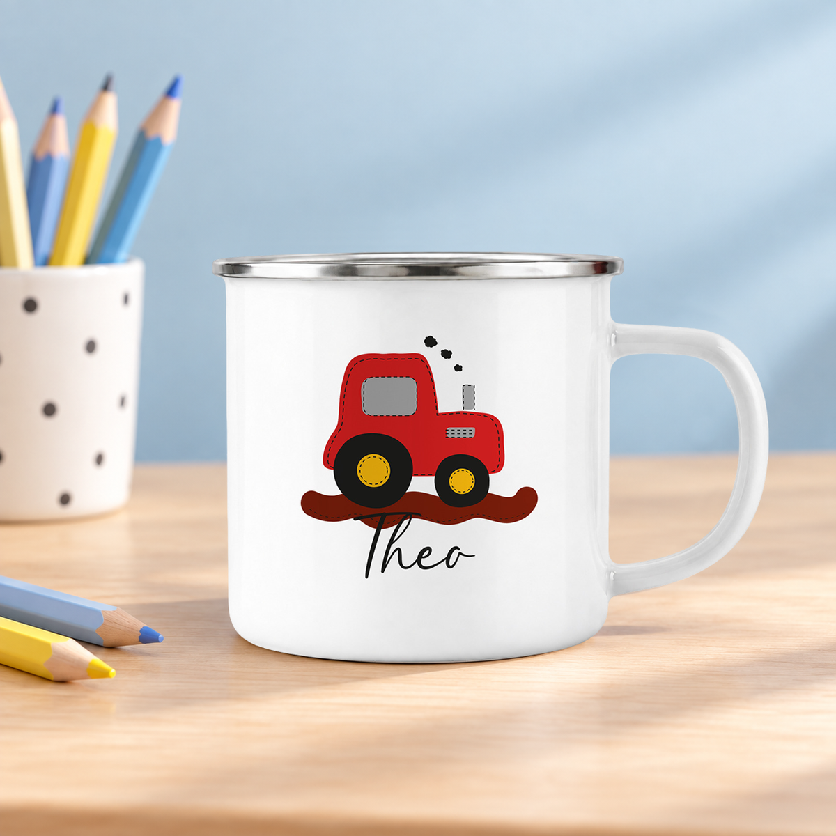 Emaille Tasse mit Namen | Traktor rot