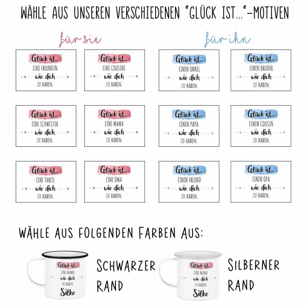 Emaille Becher mit eigenen Namen / Wunschnamen - Motiv: Glück ist...Papa - verschenkich.de