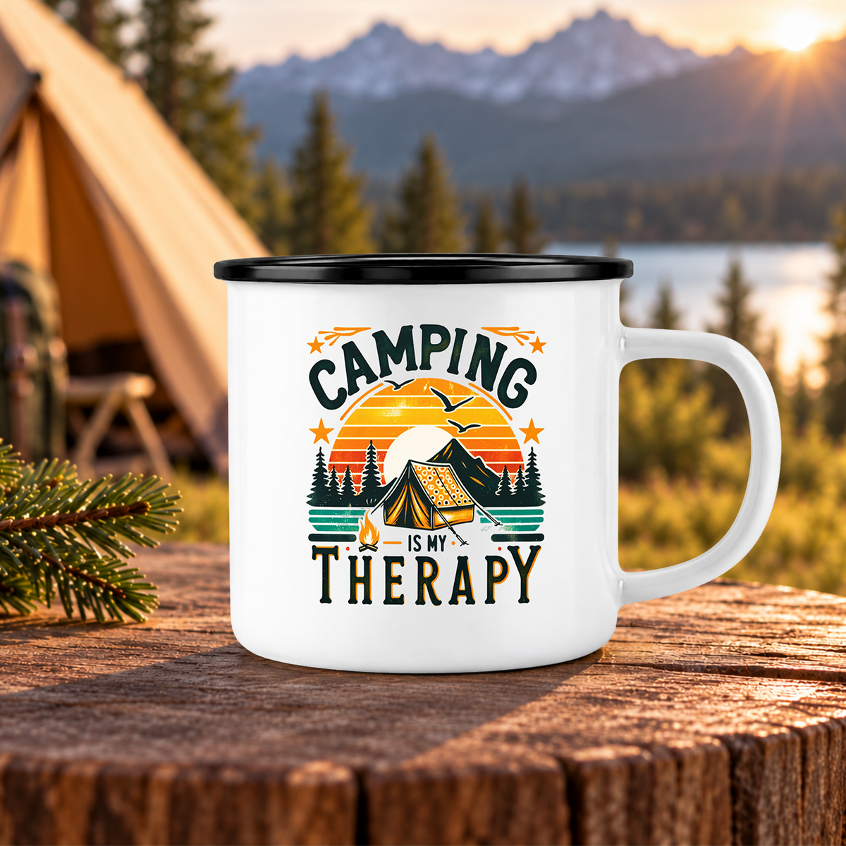 Emaille Tasse | Camping is my Therapy | Zelt