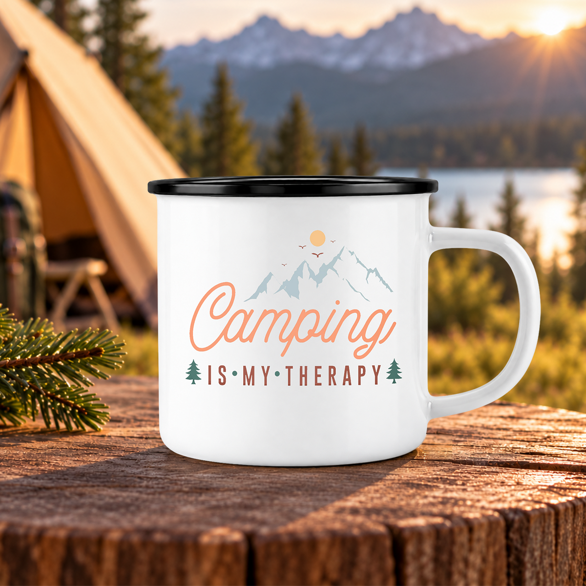 Emaille Tasse | Camping is my Therapy | Bunt