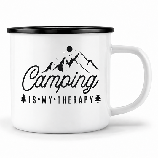 Emaille Tasse | Camping is my Therapy | Schwarz