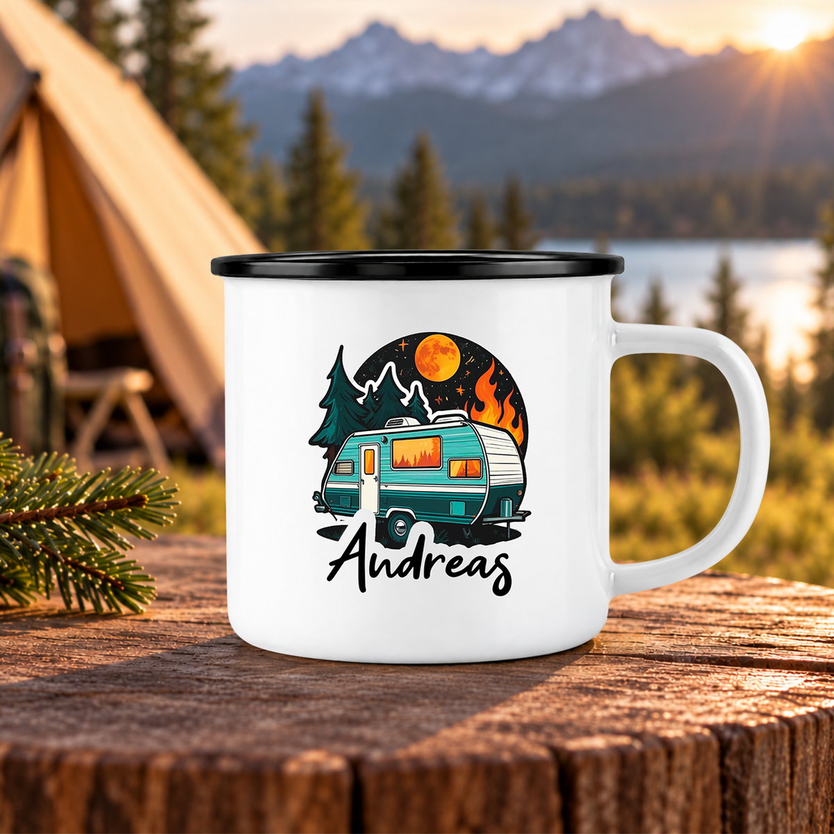Emaille Tasse mit Namen | Camping Van | I Love it