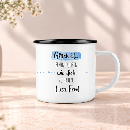 Emaille Tasse mit Namen | Glück ist einen Cousin wie dich zu haben