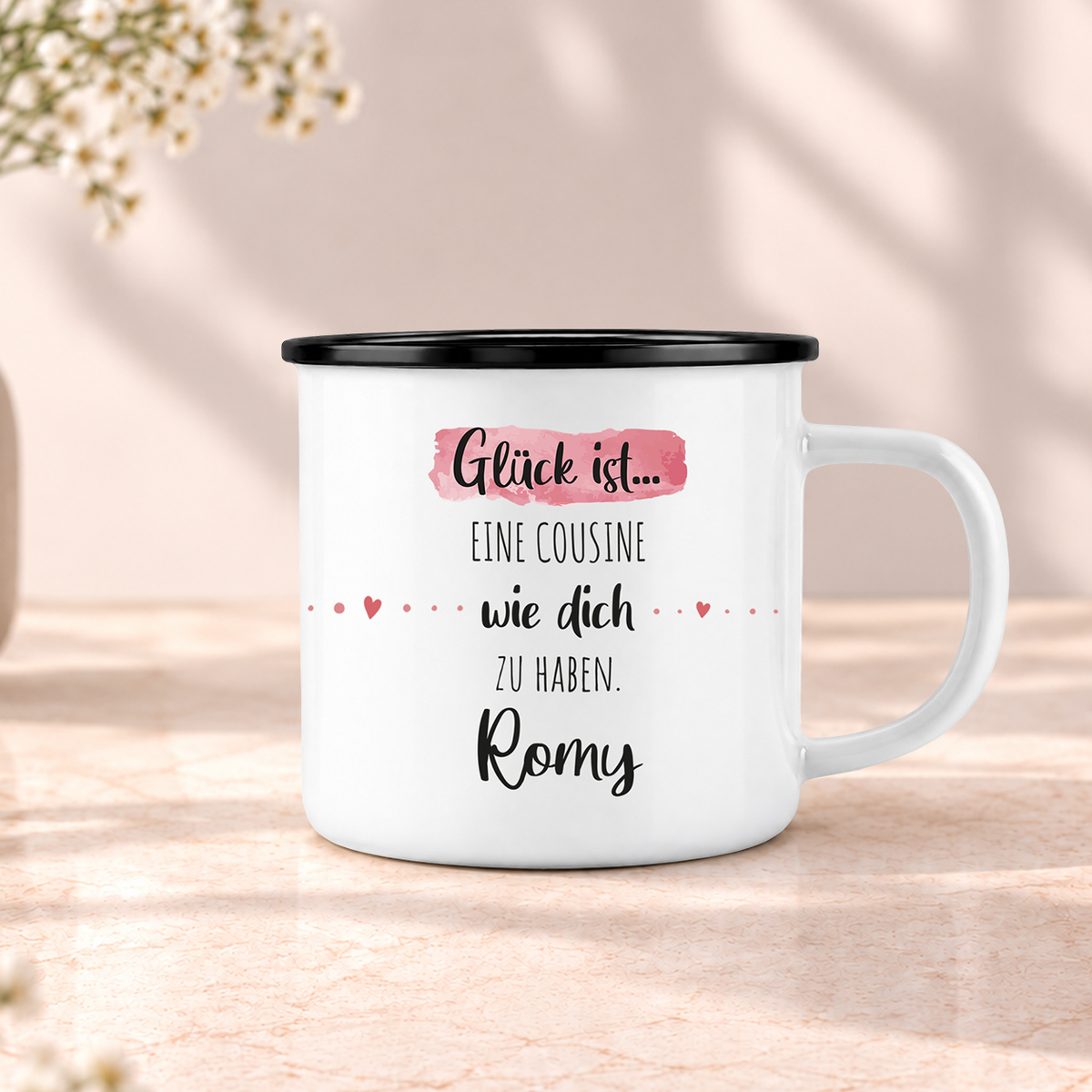 Emaille Tasse mit Namen | Glück ist eine Cousine wie dich zu haben