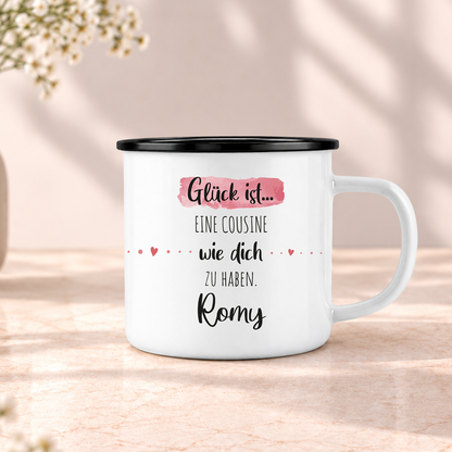Emaille Tasse mit Namen | Glück ist eine Cousine wie dich zu haben