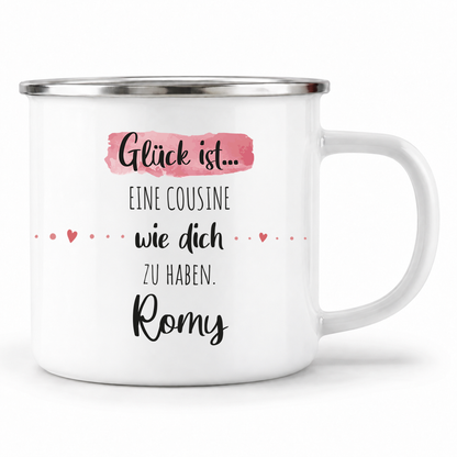 Emaille Tasse mit Namen | Glück ist eine Cousine wie dich zu haben