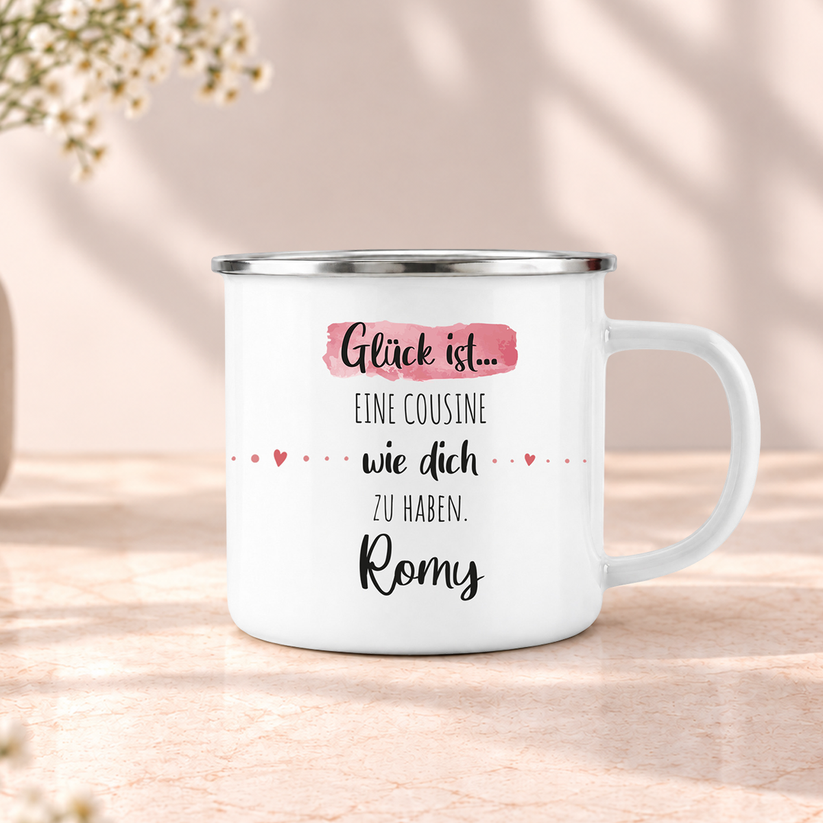 Emaille Tasse mit Namen | Glück ist eine Cousine wie dich zu haben