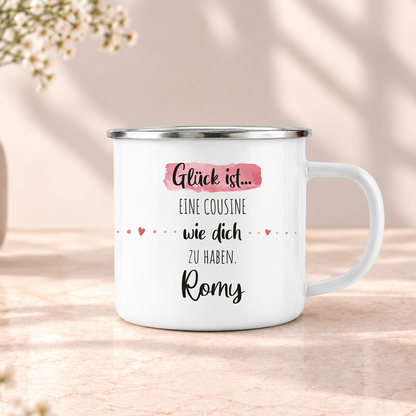 Emaille Tasse mit Namen | Glück ist eine Cousine wie dich zu haben