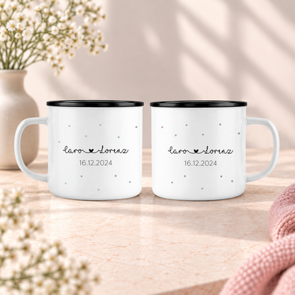 Keramik Emaille-Optik Tassen-Set mit Namen + Datum | Frau + Herr