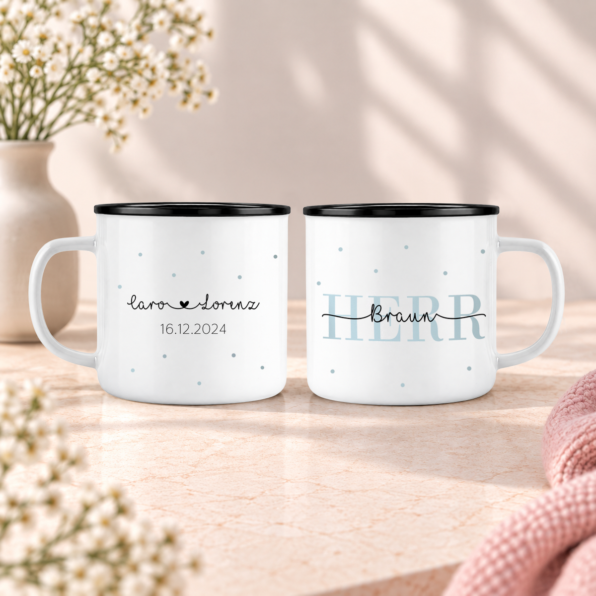Keramik Emaille-Optik Tassen-Set mit Namen + Datum | Frau + Herr